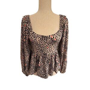 Smith &‎ Quinn Leopard Floral Peplum Top Square Neck Ruffle Puff Sleeve XS